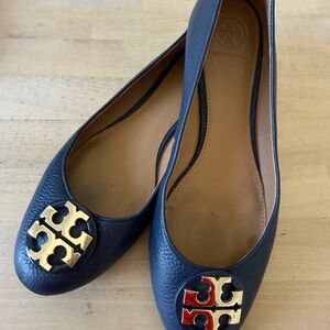 Tory Burch Women's Navy Blue Pebbled Leather Ballet Flats